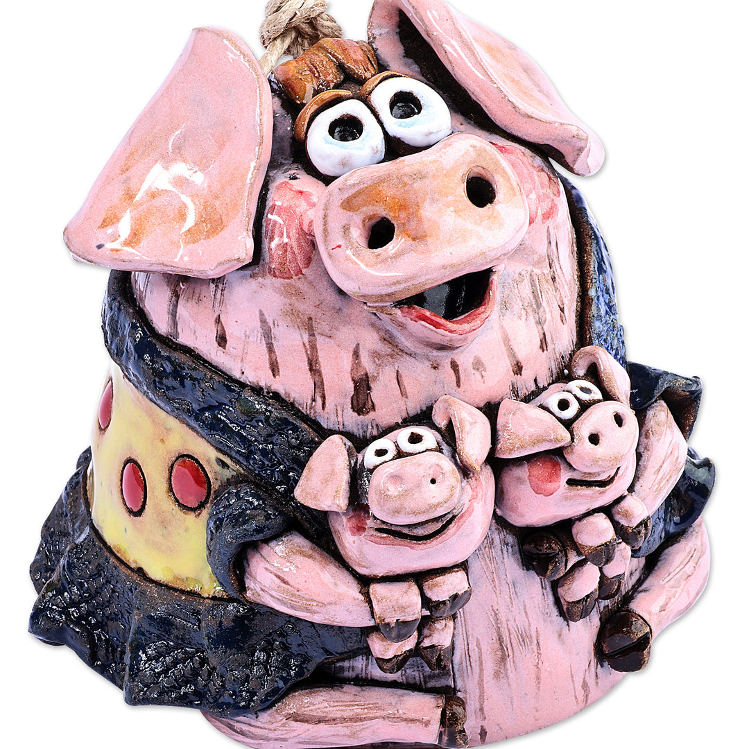 Hand-Painted Mother Pig with Piglets Ceramic Bell Ornament - Momma Pig