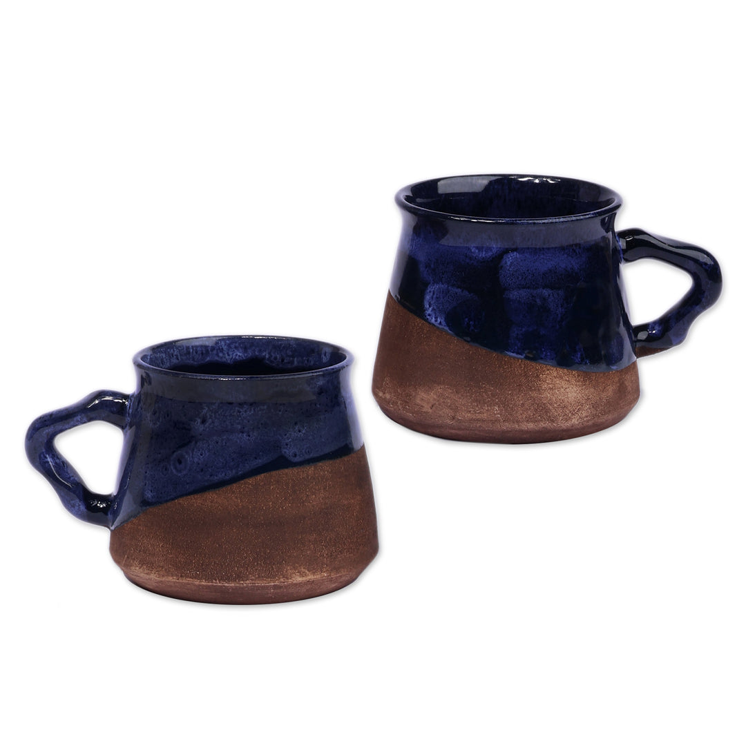 Artisan-Made Glazed Blue and Brown Ceramic Coffee Cup Pair - Energizing Blue