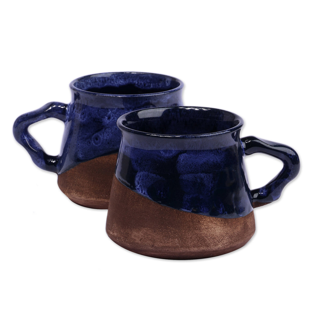Artisan-Made Glazed Blue and Brown Ceramic Coffee Cup Pair - Energizing Blue