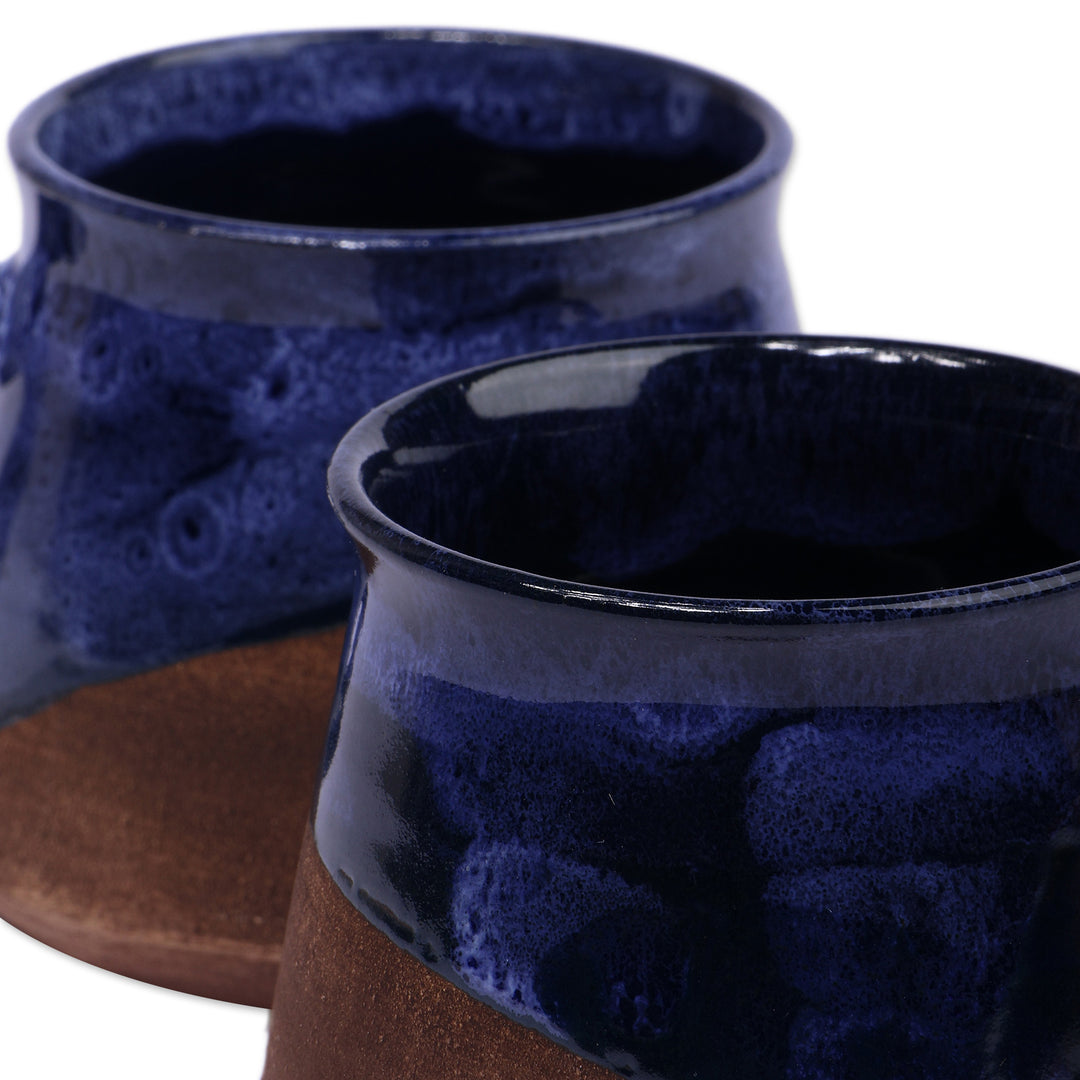 Artisan-Made Glazed Blue and Brown Ceramic Coffee Cup Pair - Energizing Blue