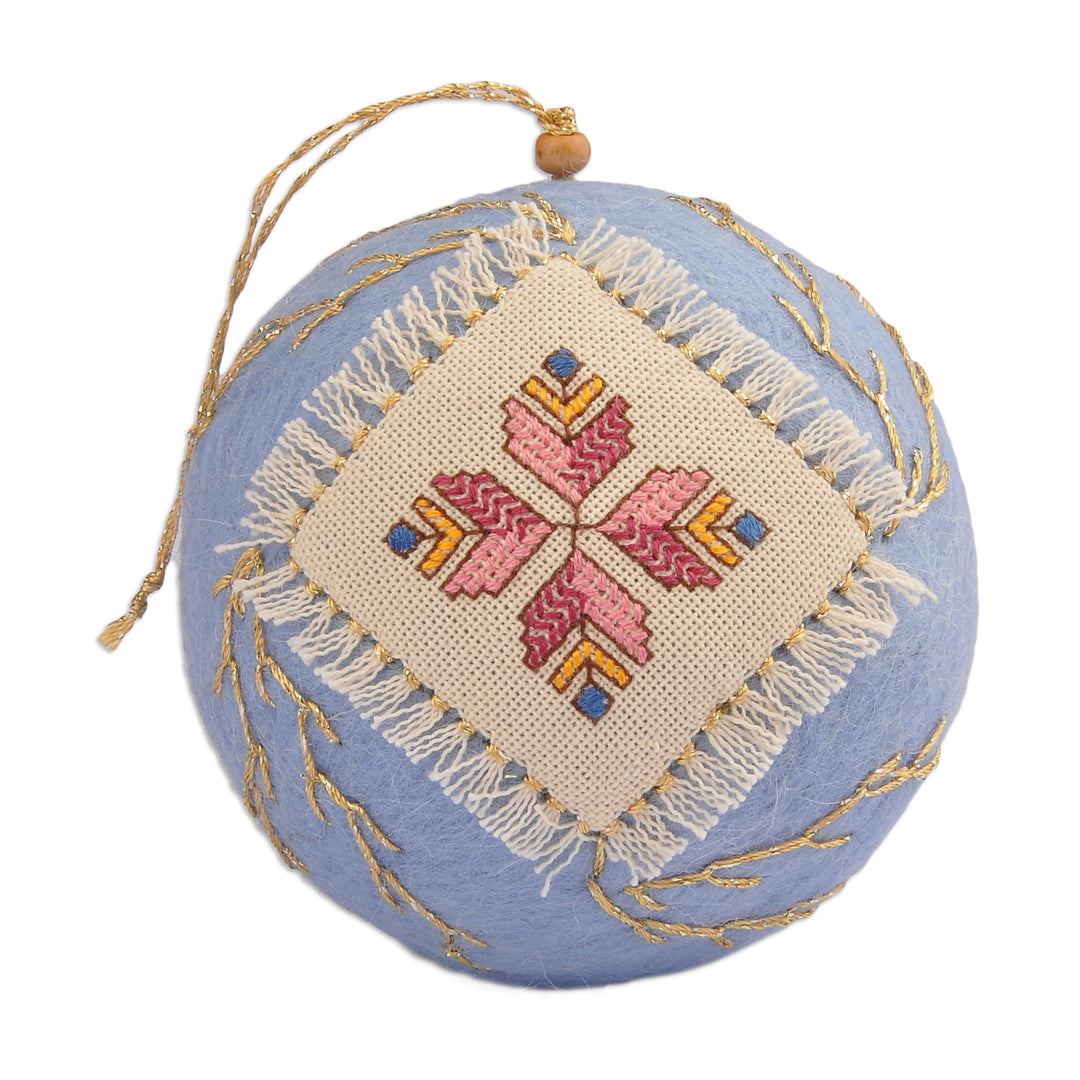 Blue Wool Felt Ornament with Embroidered Floral Textile - Svaz Bouquet