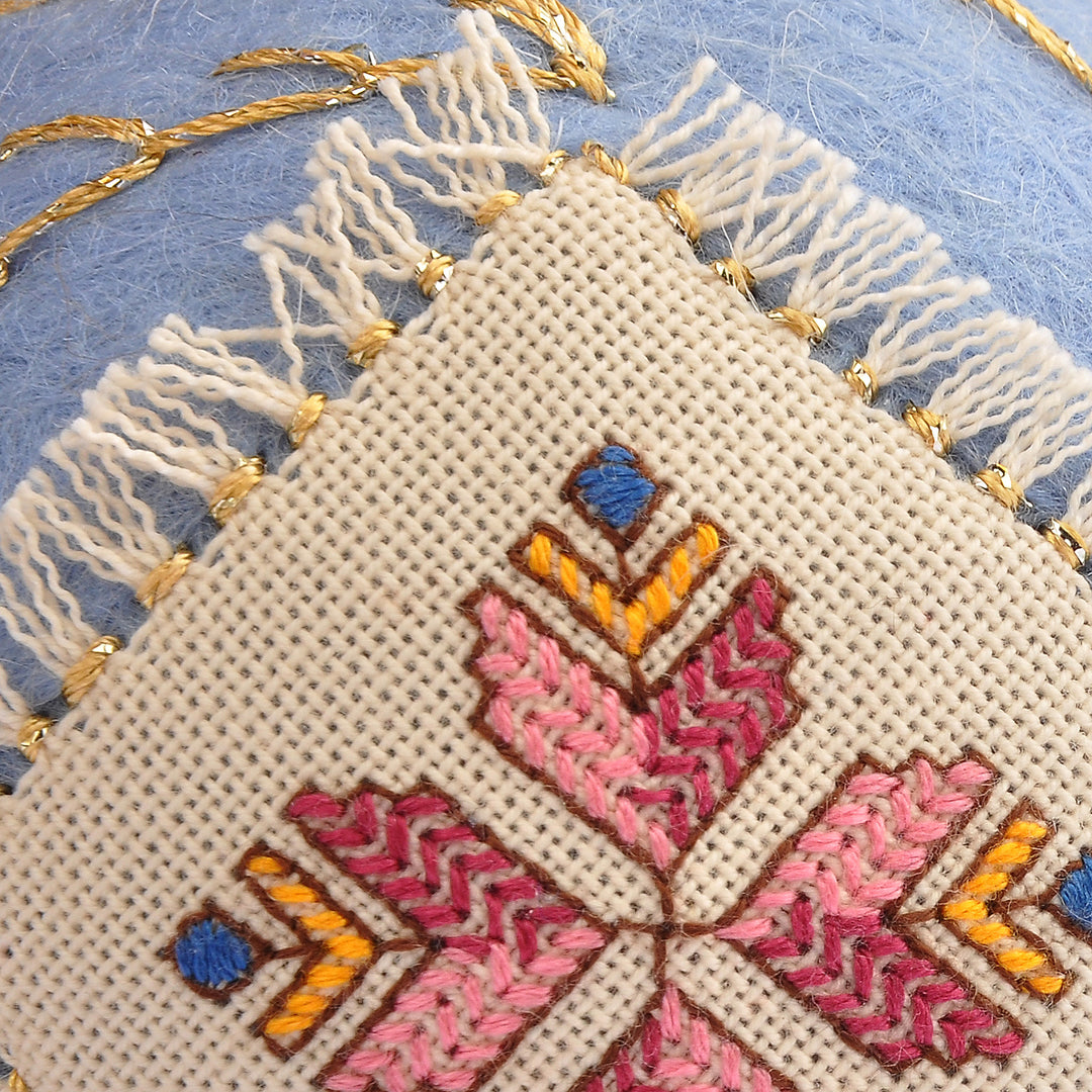 Blue Wool Felt Ornament with Embroidered Floral Textile - Svaz Bouquet