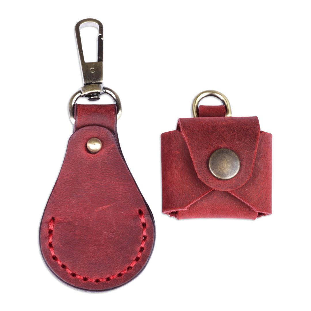 100% Red Leather Earbud Holder and Keychain Set - Lucky Melody in Red