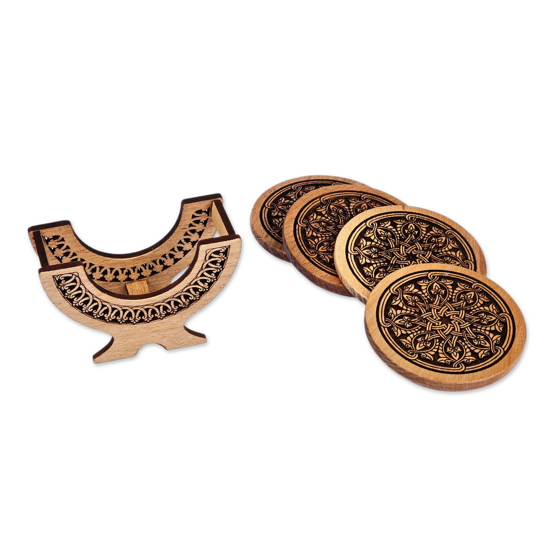Armenian Hand-Carved Beechwood Coaster and Stand 5-Piece Set - Palatial Relish