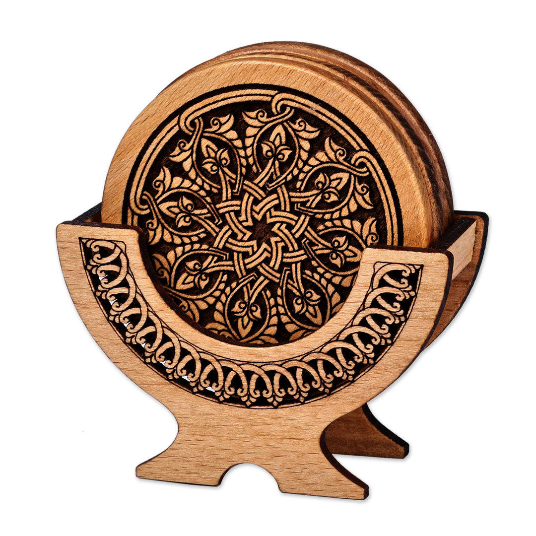 Armenian Hand-Carved Beechwood Coaster and Stand 5-Piece Set - Palatial Relish