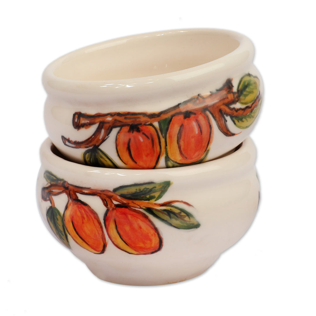 Pair of Fruit-Themed Glazed Ivory Ceramic Condiment Bowls - True Nature