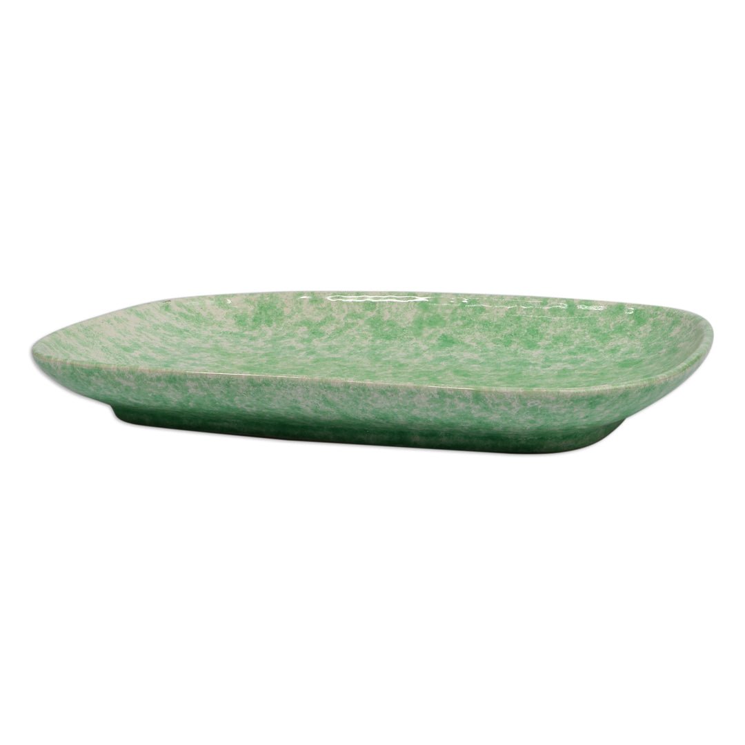 Glazed Oblong-Shaped Mint Green Ceramic Plate from Armenia - Mint Auras
