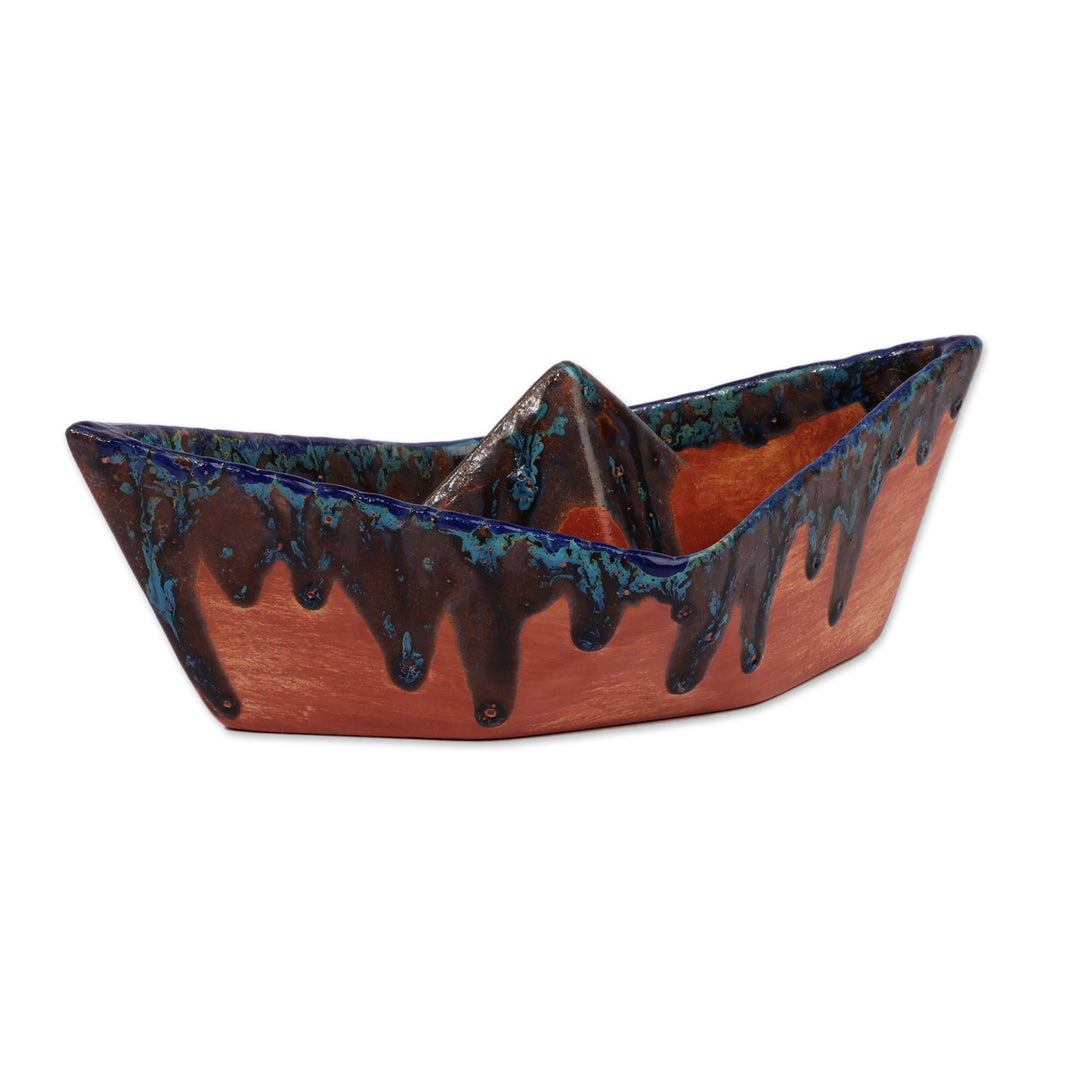 Inspirational Blue and Brown Ceramic Paper Boat Sculpture - New Seas