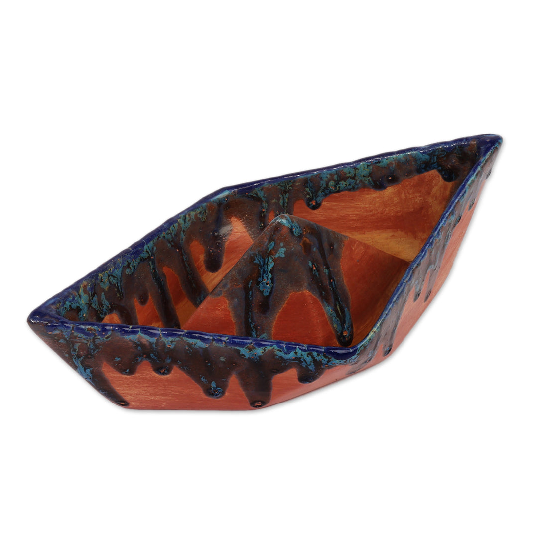 Inspirational Blue and Brown Ceramic Paper Boat Sculpture - New Seas