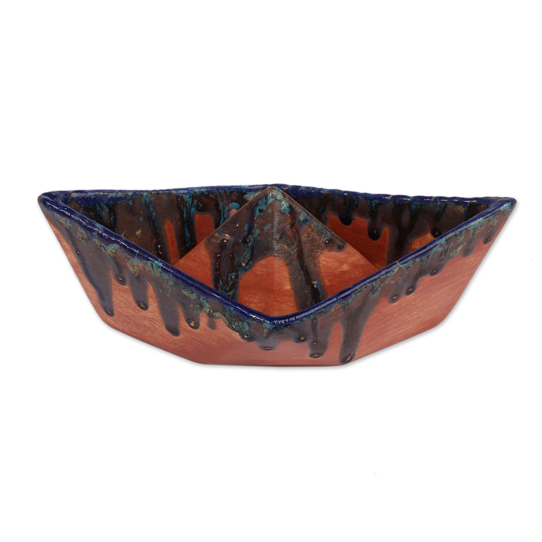 Inspirational Blue and Brown Ceramic Paper Boat Sculpture - New Seas