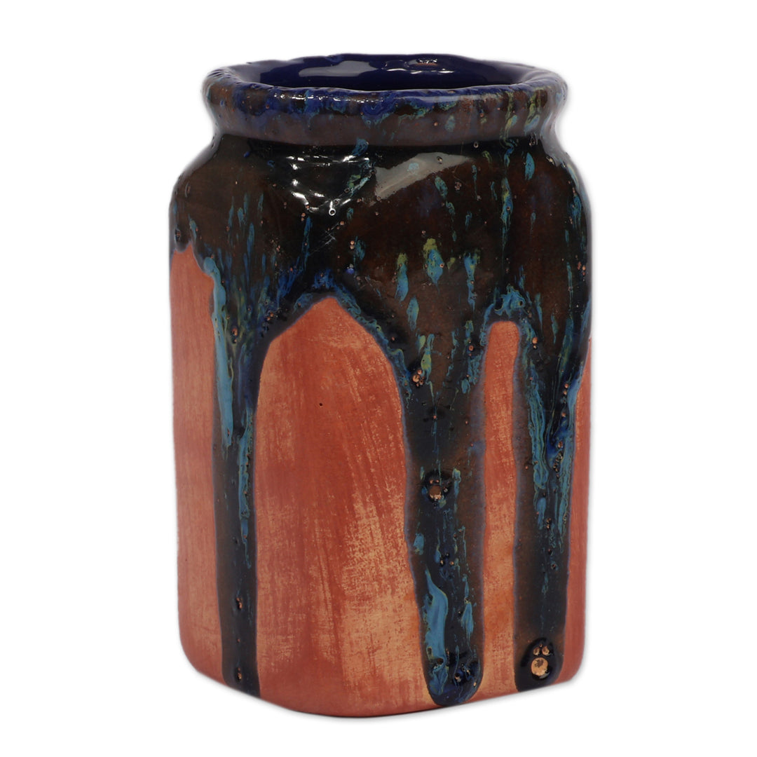 Avant-Garde Square Ceramic Vase in Blue and Reddish-Brown - Square Blue
