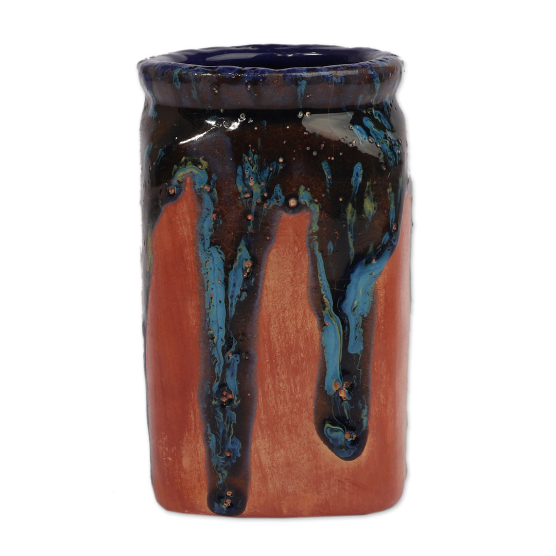 Avant-Garde Square Ceramic Vase in Blue and Reddish-Brown - Square Blue