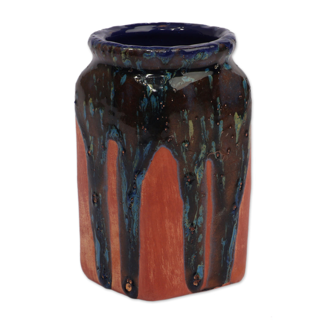Avant-Garde Square Ceramic Vase in Blue and Reddish-Brown - Square Blue