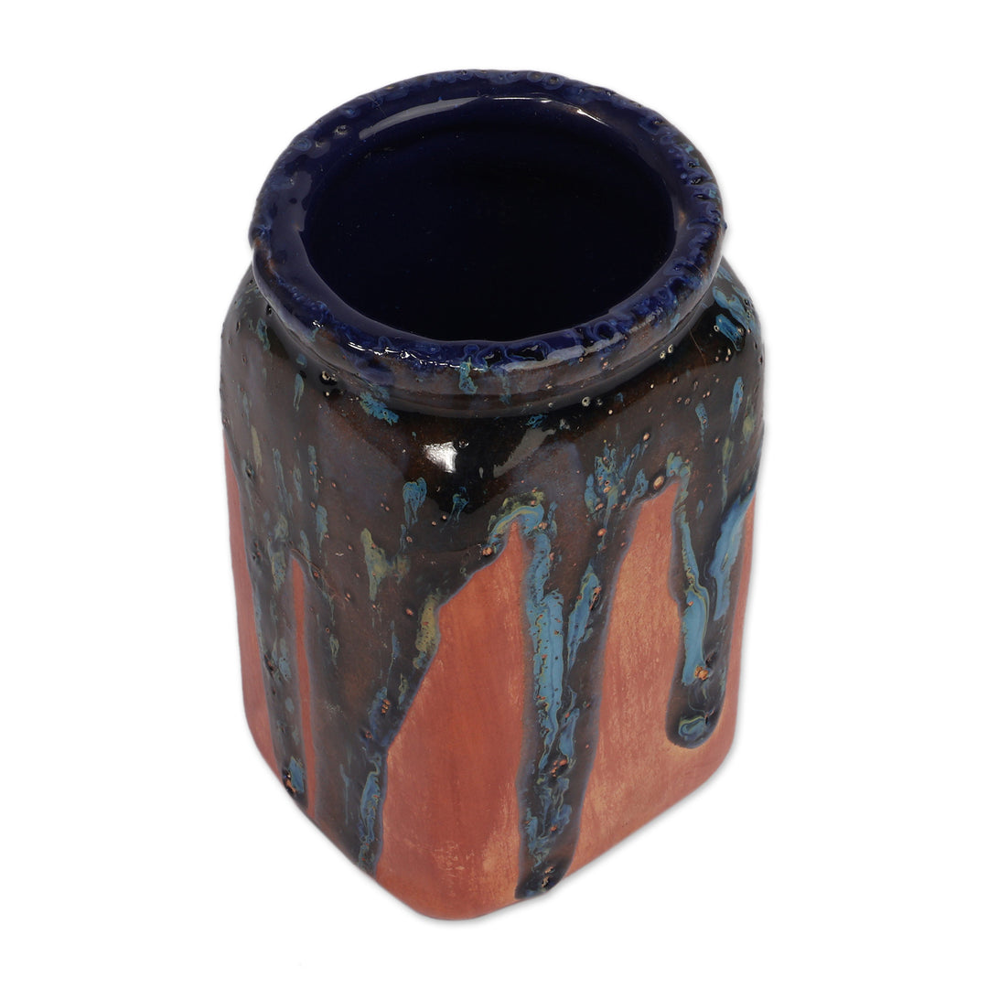 Avant-Garde Square Ceramic Vase in Blue and Reddish-Brown - Square Blue