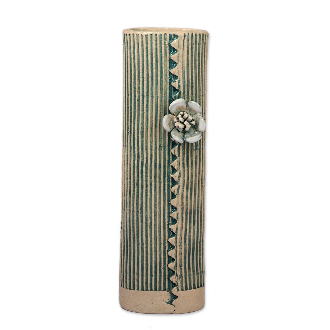 Fair Trade Teal and Ivory Ceramic Vase with Floral Accent - Peaceful Bloom