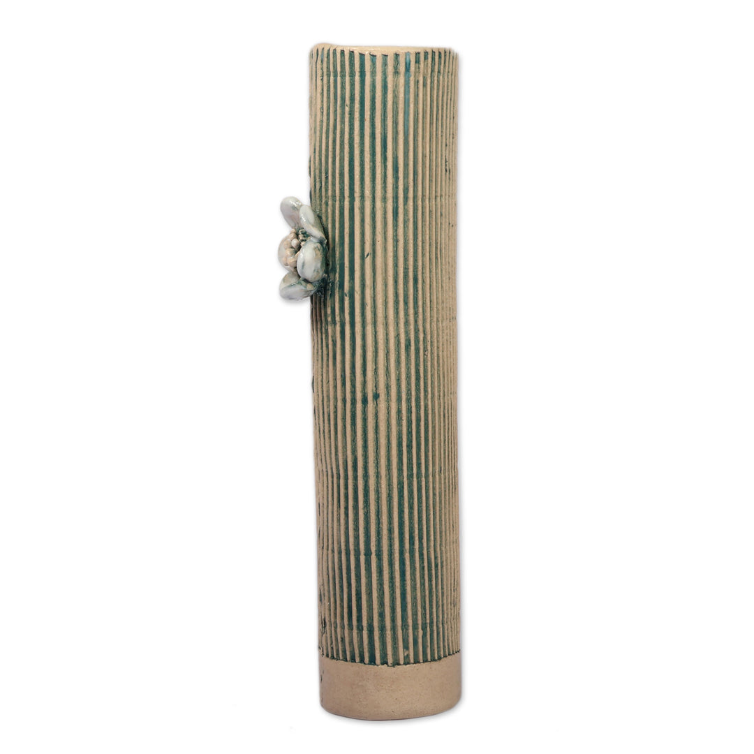 Fair Trade Teal and Ivory Ceramic Vase with Floral Accent - Peaceful Bloom
