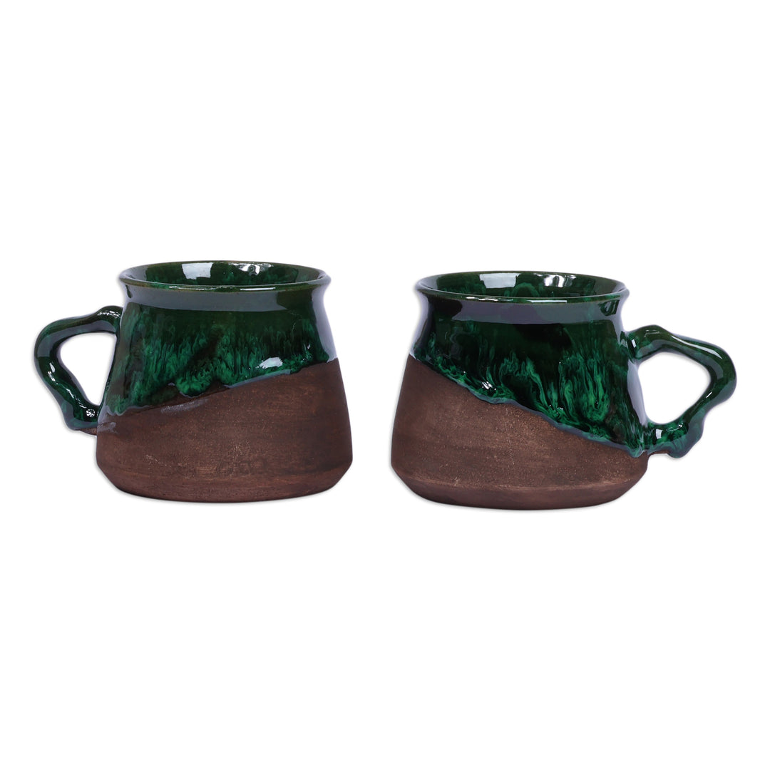 Handcrafted Glazed Green and Brown Ceramic Coffee Cup Pair - Energizing Green