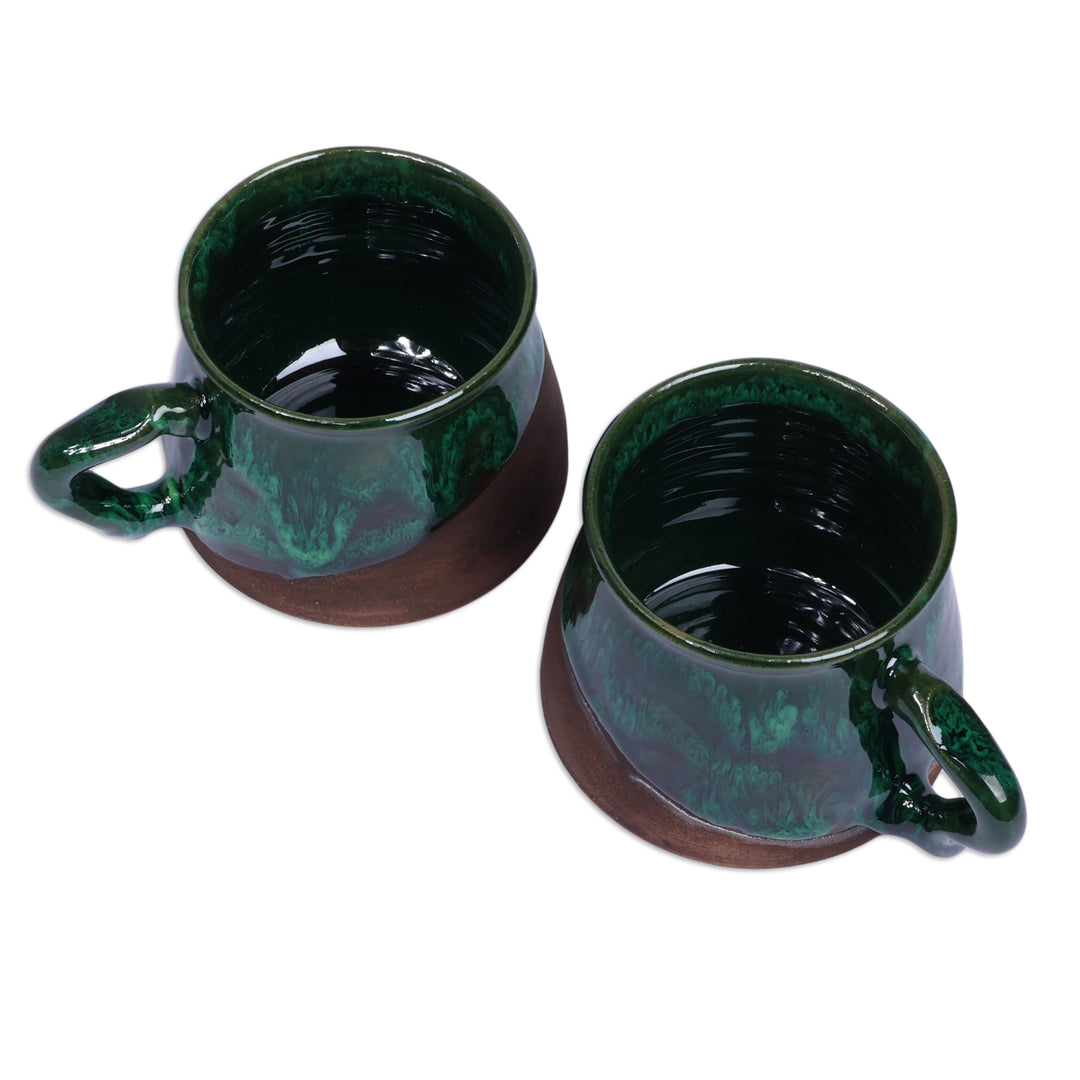 Handcrafted Glazed Green and Brown Ceramic Coffee Cup Pair - Energizing Green