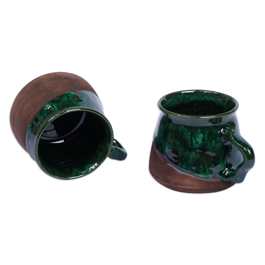 Handcrafted Glazed Green and Brown Ceramic Coffee Cup Pair - Energizing Green