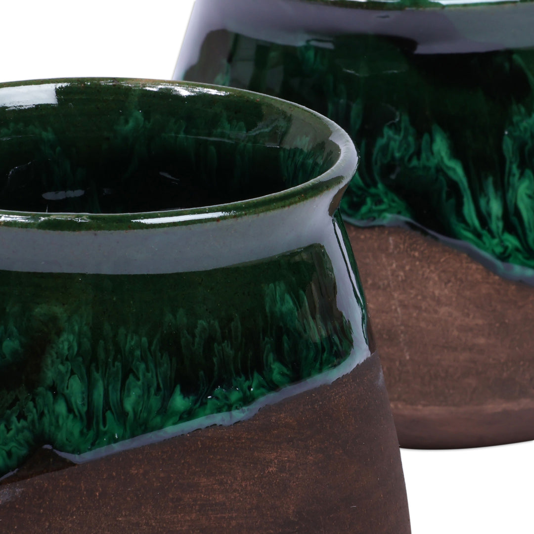 Handcrafted Glazed Green and Brown Ceramic Coffee Cup Pair - Energizing Green