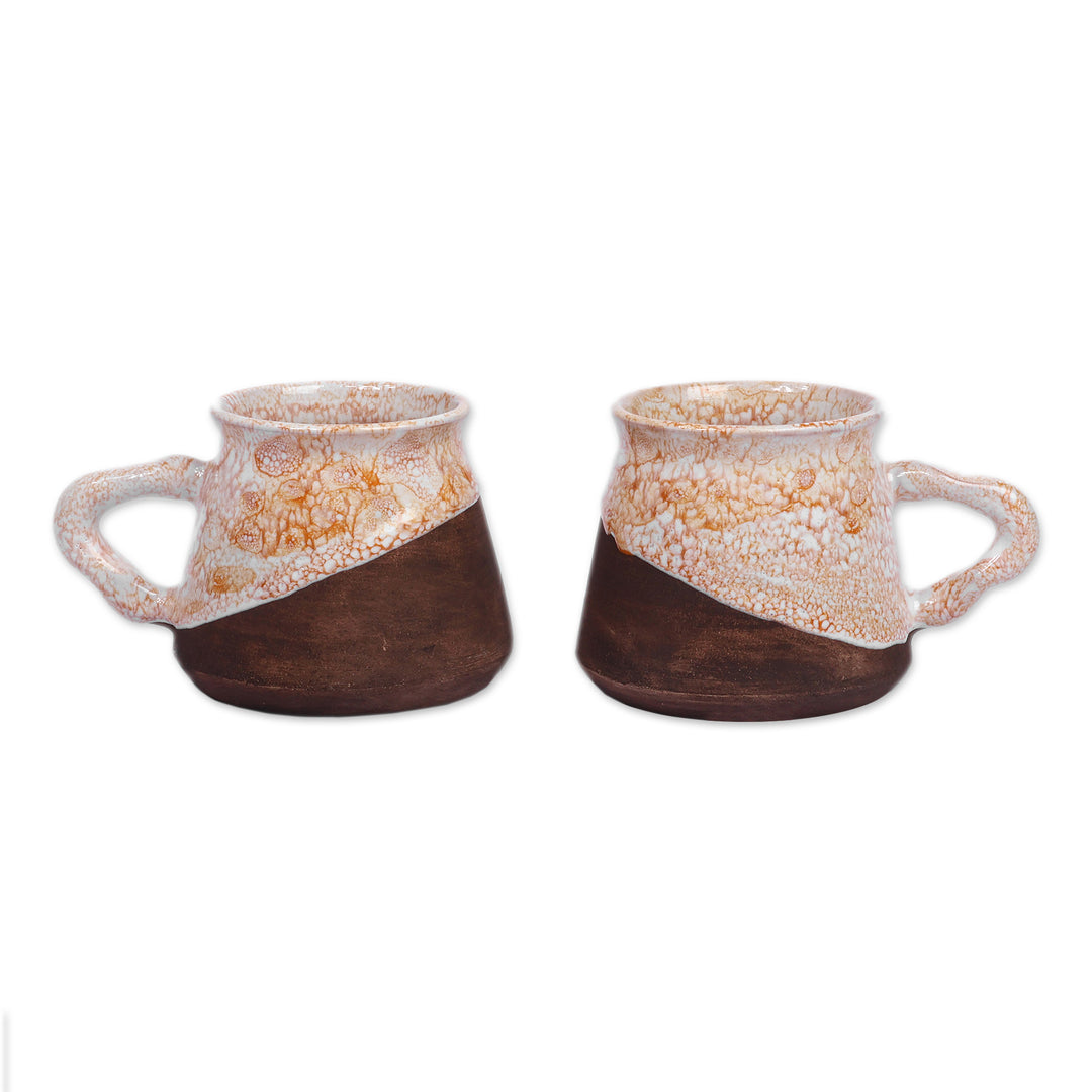 Two Handcrafted Glazed Yellow Ivory and Brown Ceramic Cups - Energizing Yellow