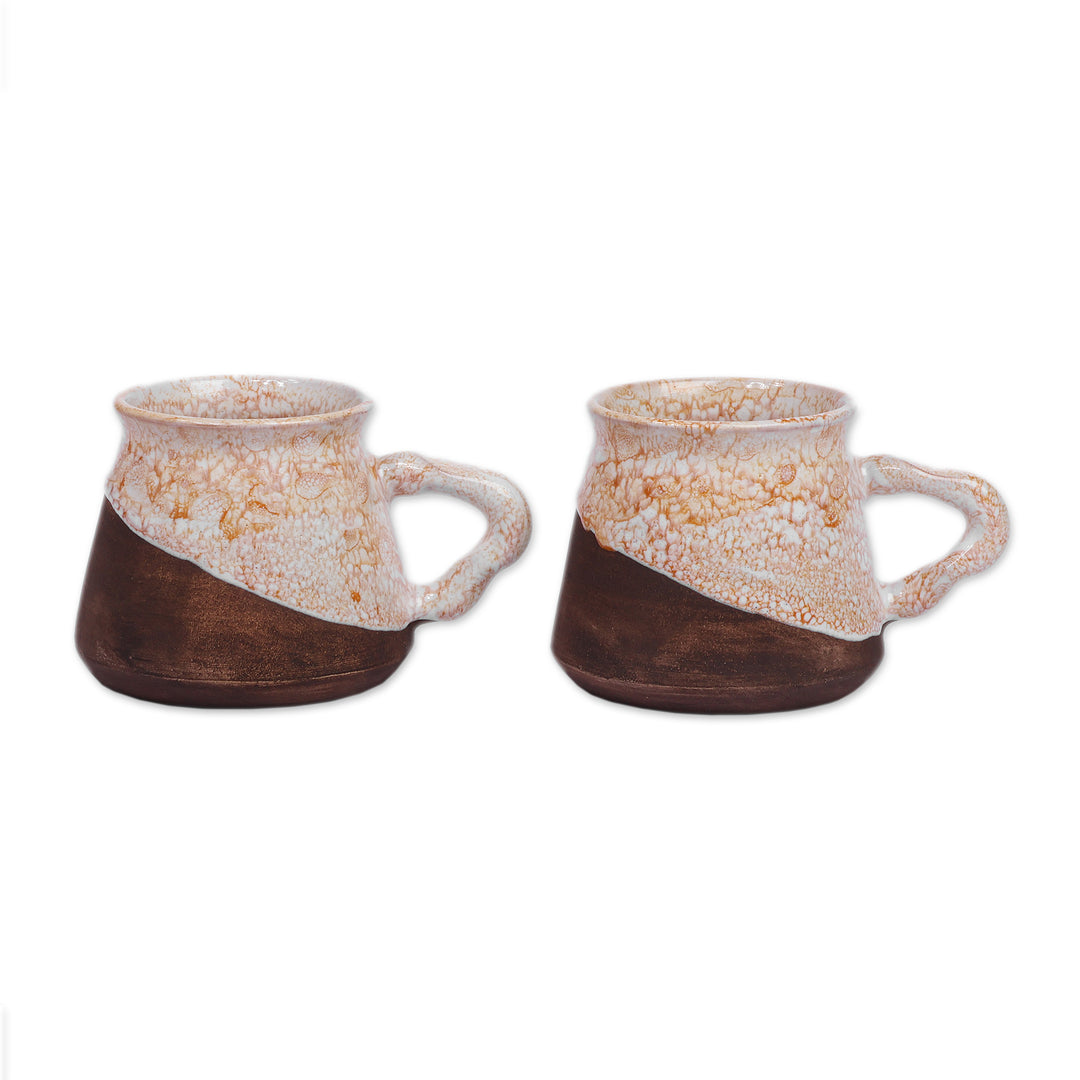 Two Handcrafted Glazed Yellow Ivory and Brown Ceramic Cups - Energizing Yellow