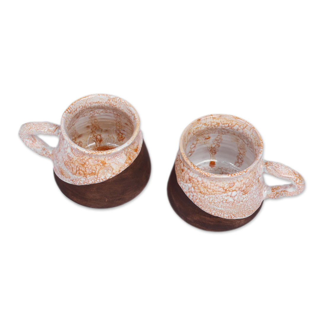 Two Handcrafted Glazed Yellow Ivory and Brown Ceramic Cups - Energizing Yellow