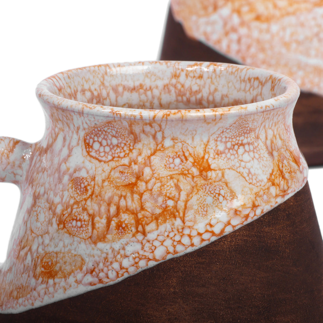 Two Handcrafted Glazed Yellow Ivory and Brown Ceramic Cups - Energizing Yellow