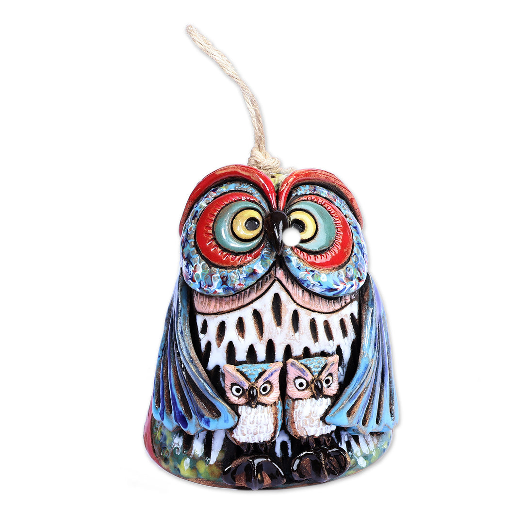 Handcrafted Painted Mother Owl Ceramic Bell Ornament - Double Mother