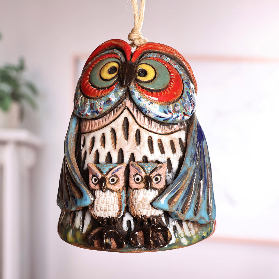Handcrafted Painted Mother Owl Ceramic Bell Ornament - Double Mother