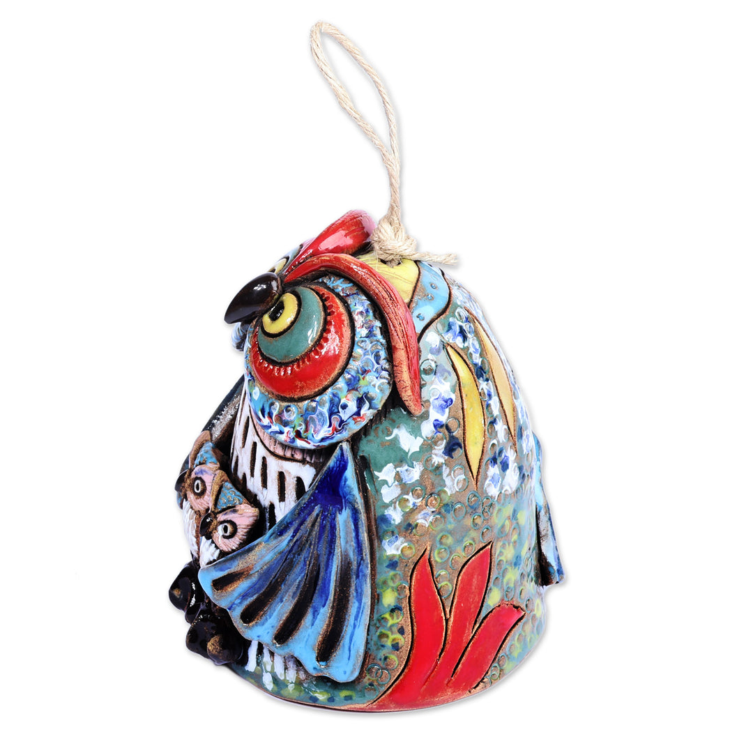 Handcrafted Painted Mother Owl Ceramic Bell Ornament - Double Mother