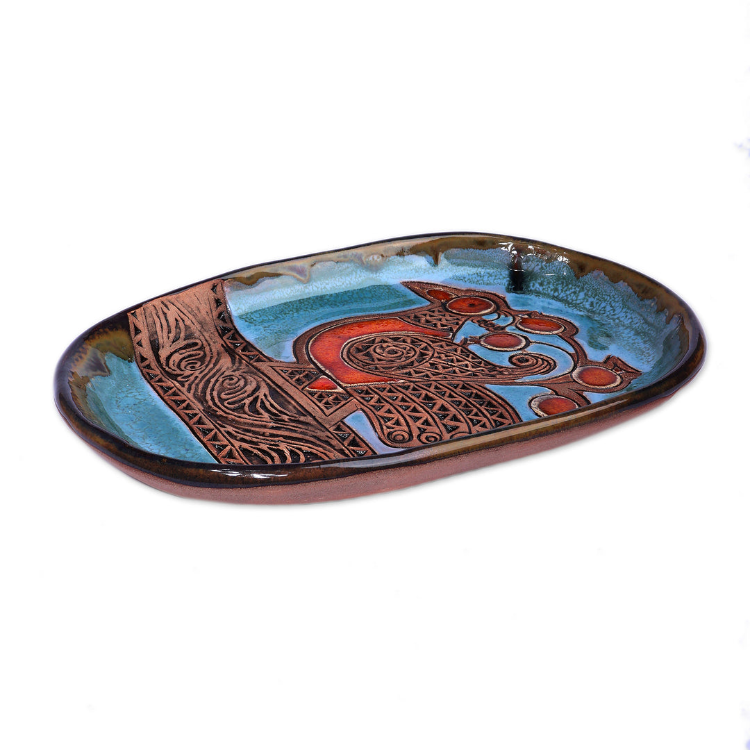 Blue and Red Bird-Themed Glazed Ceramic Decorative Platter - Bird Sonata
