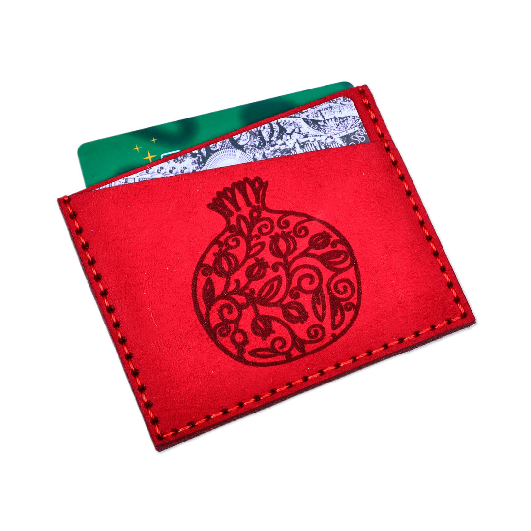 Pomegranate-Themed Red Suede Card Holder from Armenia - Romance Icon