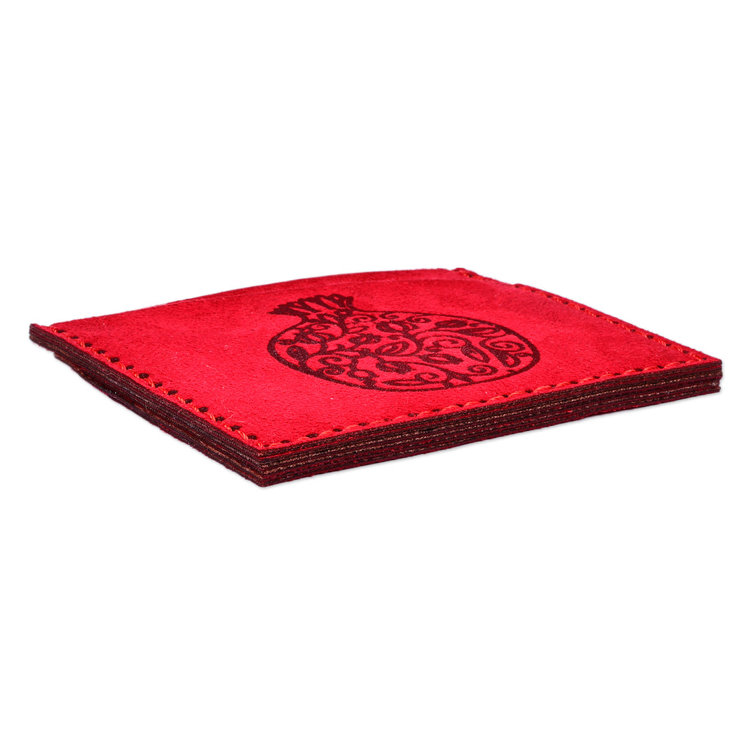 Pomegranate-Themed Red Suede Card Holder from Armenia - Romance Icon