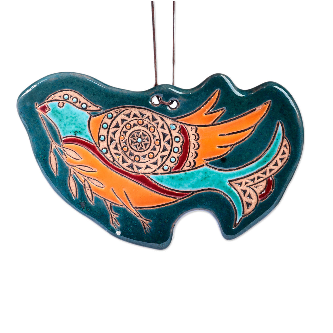 Traditional Pigeon-Themed Teal Ceramic Daghghan Wall Decor - Peaceful Pigeon