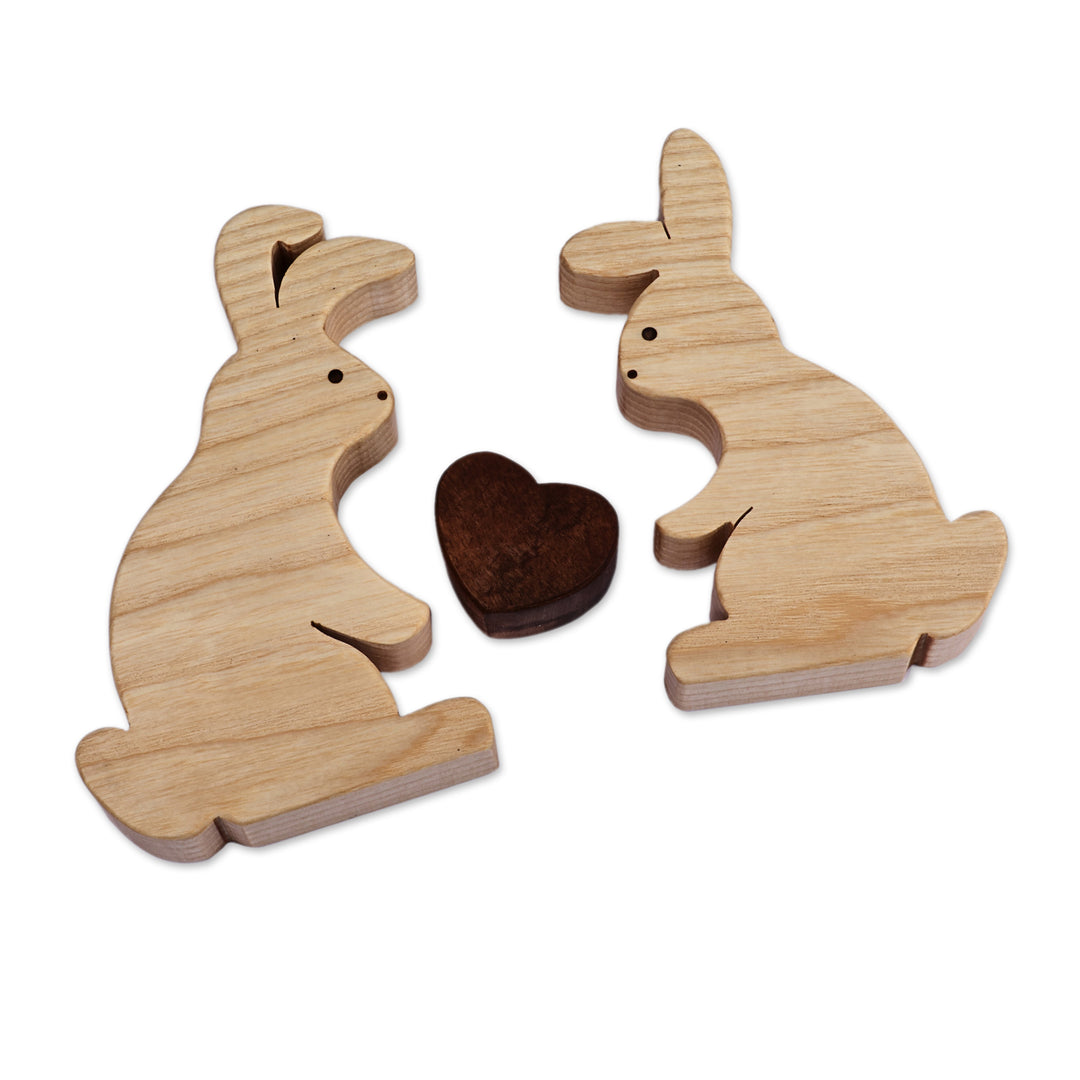 Romantic Handmade Bunny-Shaped Three-Piece Wood Sculpture - Hopping Love