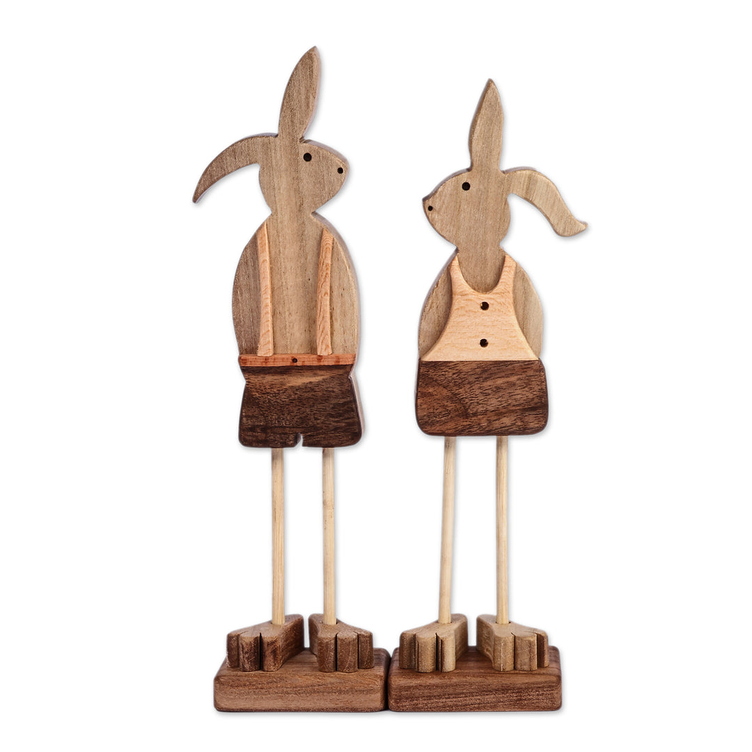 Set of 2 Hand-Carved Spring-Inspired Bunny Wood Sculptures - Bunny Friendship