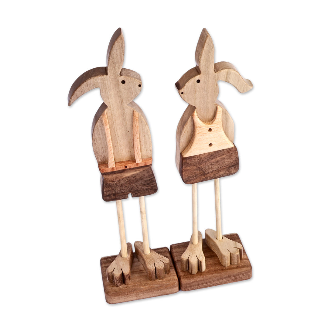 Set of 2 Hand-Carved Spring-Inspired Bunny Wood Sculptures - Bunny Friendship