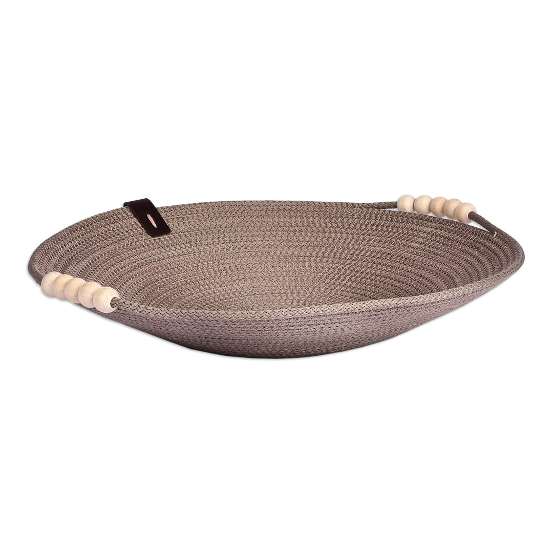 Cotton Rope Wooden Beads Leather Accented Bowl in Brown - Precious Essentials