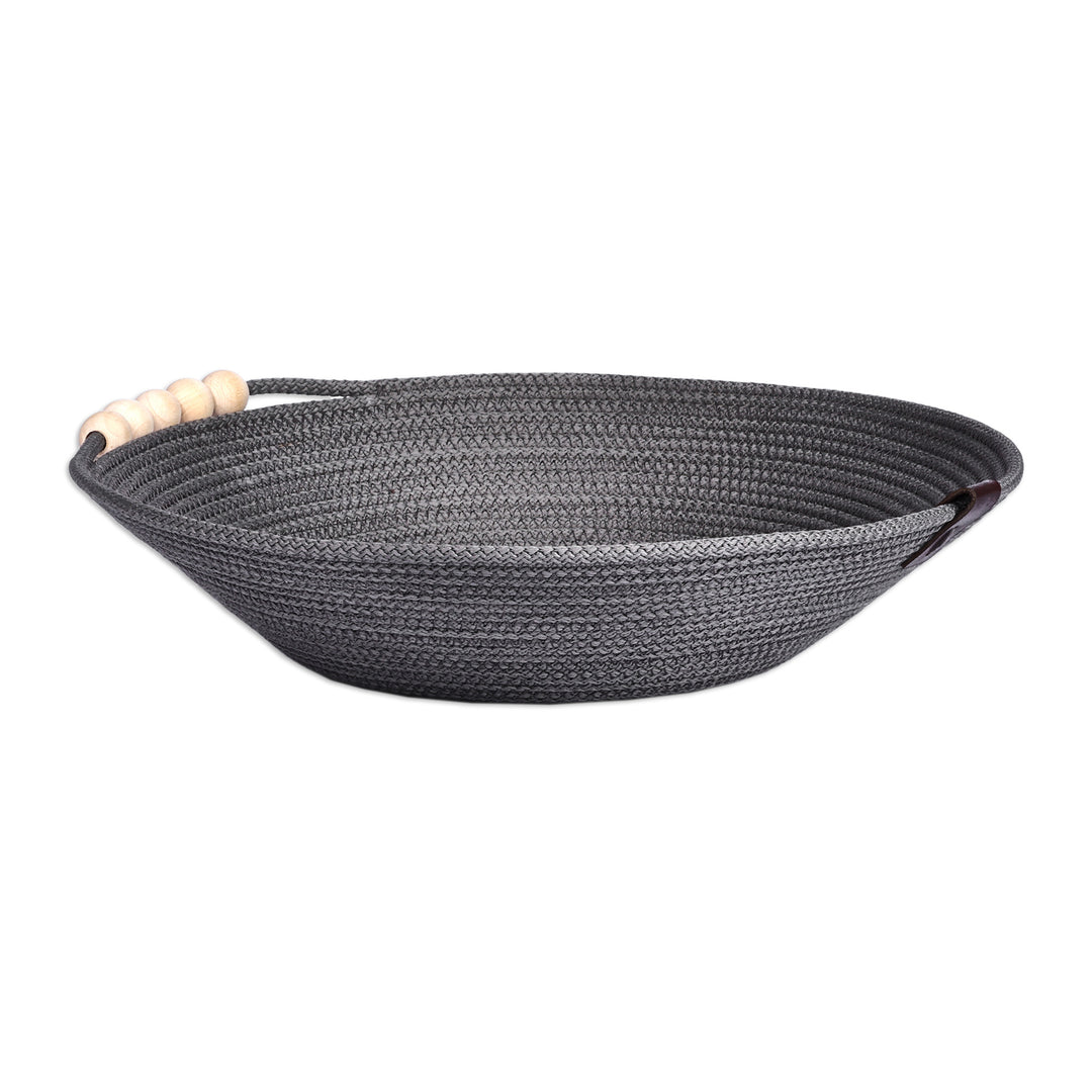 Cotton Rope Wood Beads Leather Accented Bowl in Grey Hue - Delightful Essentials