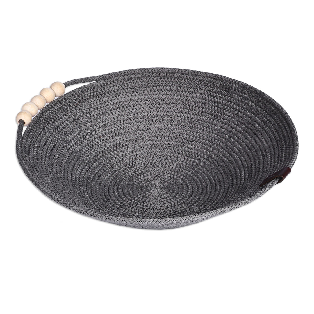 Cotton Rope Wood Beads Leather Accented Bowl in Grey Hue - Delightful Essentials