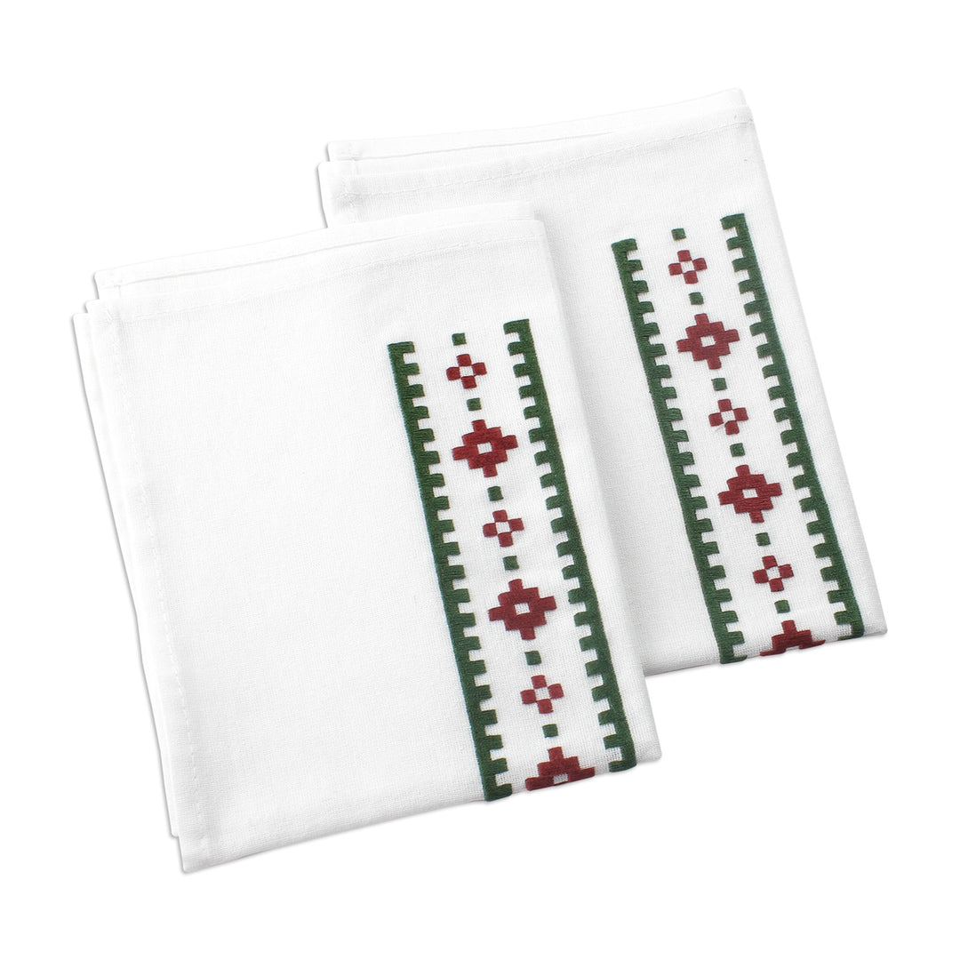 Geometric Green and Burgundy Cotton Tea Towels (Pair) - Burgundy Paths