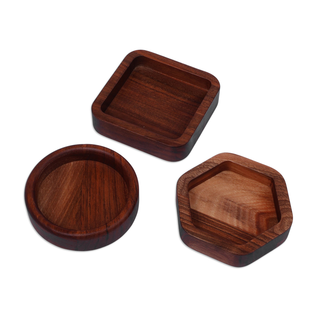 Geometric-Themed 3-Piece Walnut Wood Appetizer Plate Set - Shapes of Taste