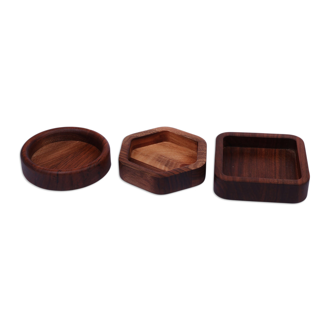 Geometric-Themed 3-Piece Walnut Wood Appetizer Plate Set - Shapes of Taste