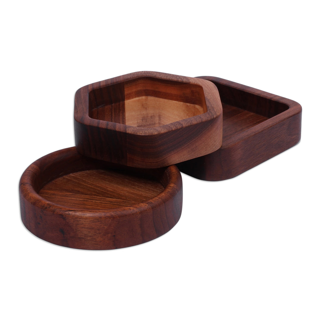 Geometric-Themed 3-Piece Walnut Wood Appetizer Plate Set - Shapes of Taste