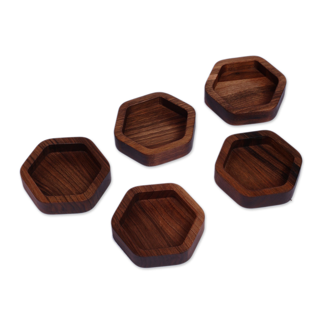 Geometric-Shaped Brown 5-Piece Walnut Wood Snack Plate Set - Flavorful Honeycomb
