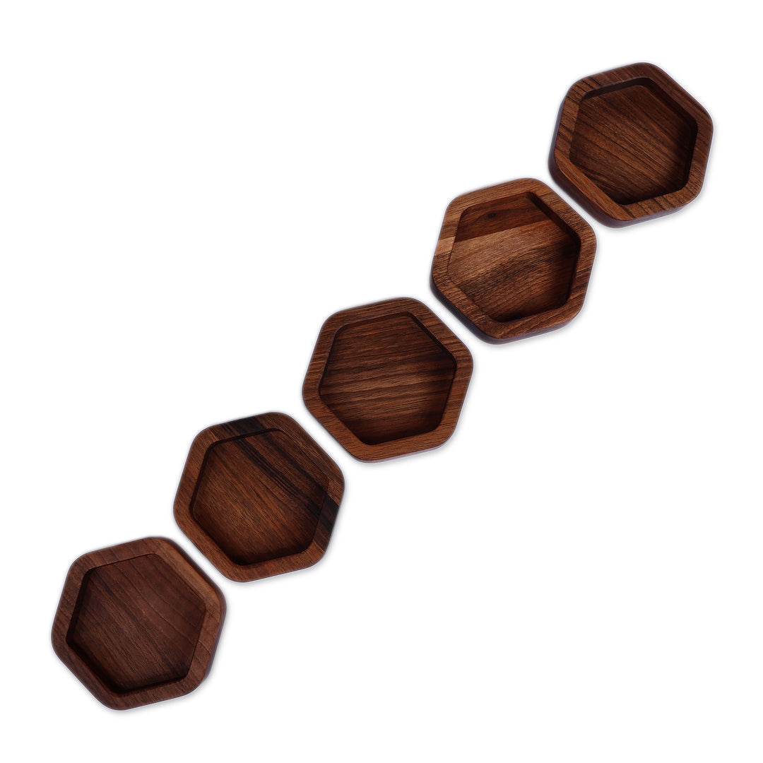 Geometric-Shaped Brown 5-Piece Walnut Wood Snack Plate Set - Flavorful Honeycomb