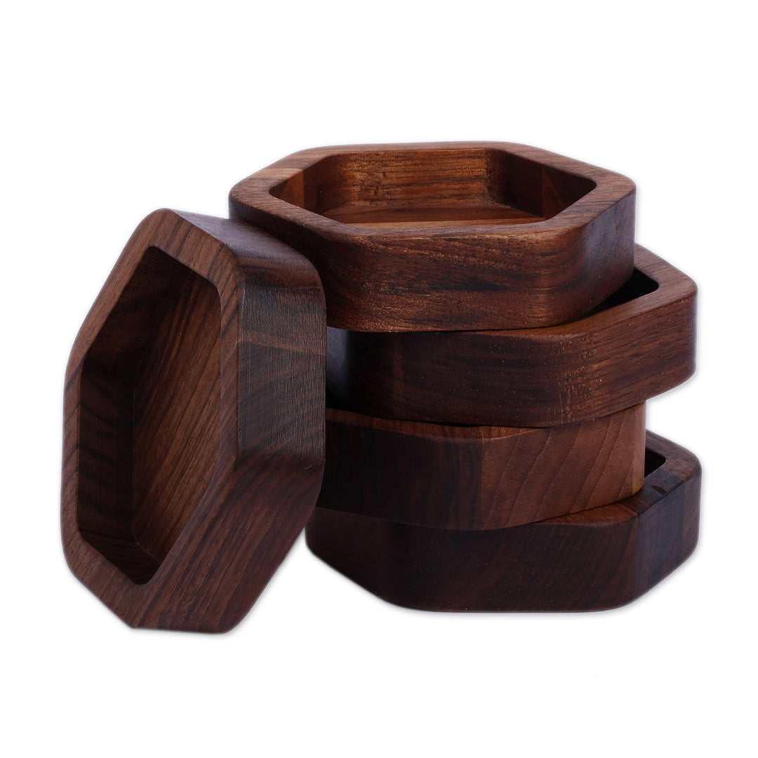 Geometric-Shaped Brown 5-Piece Walnut Wood Snack Plate Set - Flavorful Honeycomb