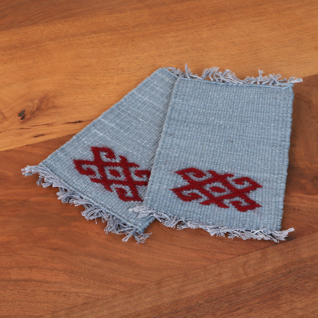 2 Handwoven Grey Cotton Coasters with Hand-Embroidered Motif - Traditions in Grey