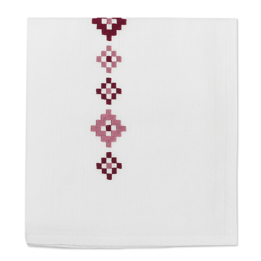 Geometric Embroidered Burgundy Cotton Tea Towel - Burgundy Sparkles